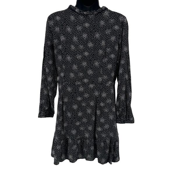 LOFT Short Dress WMNS 6P Shift Black White Dotted Floral Ruffle Hem Tie Neck - Picture 4 of 6